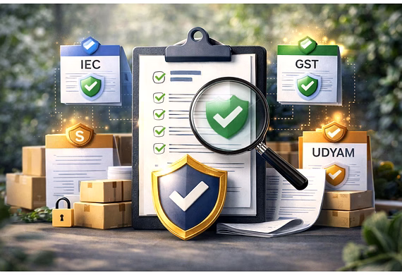 Professional trade compliance scene showing a buyer verifying an Indian exporter through IEC, GST, U