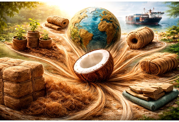 Coconut fiber export scene showing processed coir fiber bales prepared for international shipping an