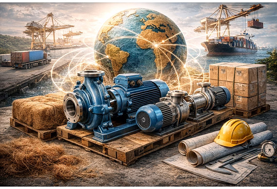 Industrial pumps and electric motors prepared for export from India in a professional manufacturing 