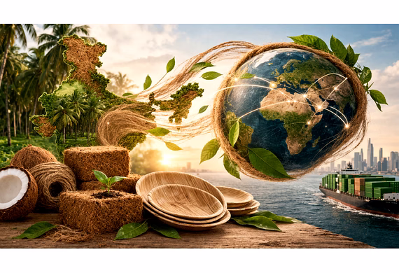 Eco-friendly products from India including coir, coconut fiber, and areca leaf plates prepared for s