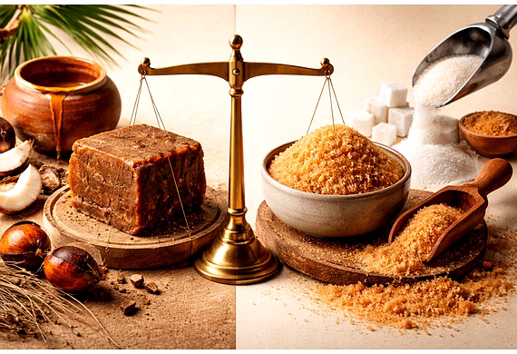 Palm jaggery and brown sugar displayed in a professional export comparison setting for international