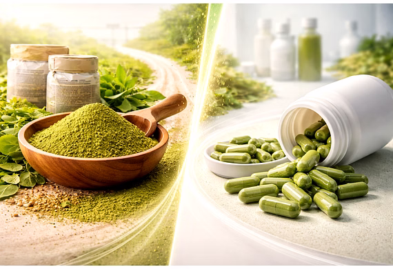 Moringa Leaf Powder and Moringa Capsules displayed in a professional comparison setting for nutraceu