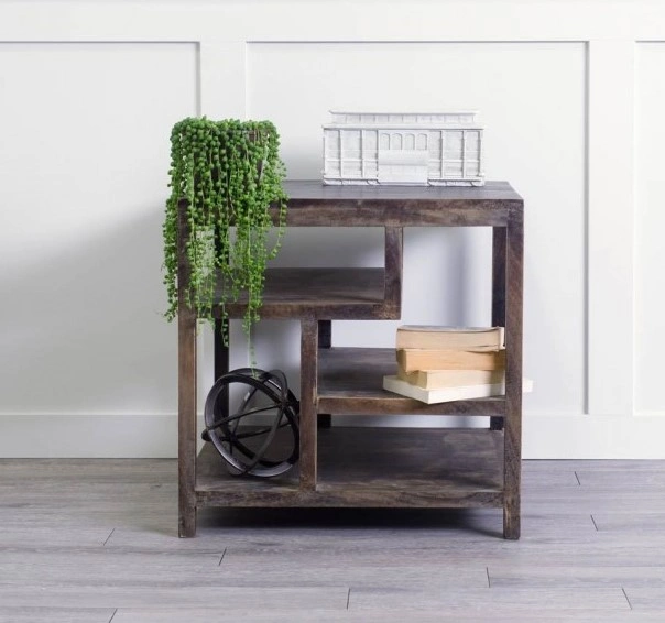 Medium Brown Wooden Square Top End Table With Multi-Shelf-Square-3