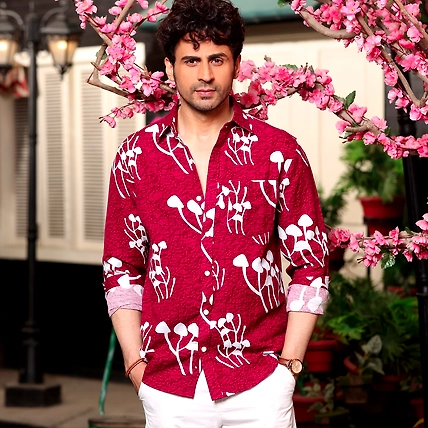 Mushroom Bunch Scarlet Maroon Casual Pure Linen Full Shirt-BE1051-S