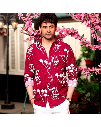 Mushroom Bunch Scarlet Maroon Casual Pure Linen Full Shirt-BE1051-S