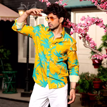 Coconut Tree Cyber Yellow Casual Pure Linen Full Shirt-BE1009-S