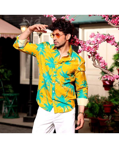 Coconut Tree Cyber Yellow Casual Pure Linen Full Shirt-BE1009-S