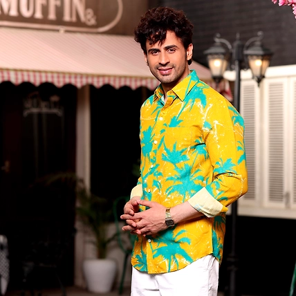Coconut Tree Cyber Yellow Casual Pure Linen Full Shirt-S-1