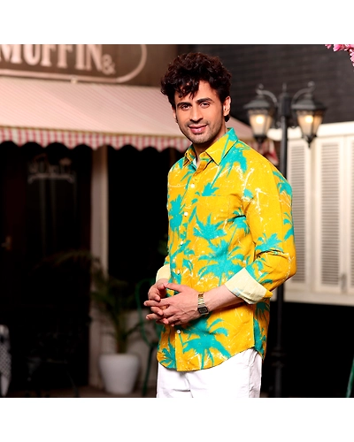 Coconut Tree Cyber Yellow Casual Pure Linen Full Shirt-S-1
