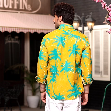 Coconut Tree Cyber Yellow Casual Pure Linen Full Shirt-S-2