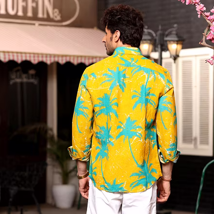 Coconut Tree Cyber Yellow Casual Pure Linen Full Shirt-S-2