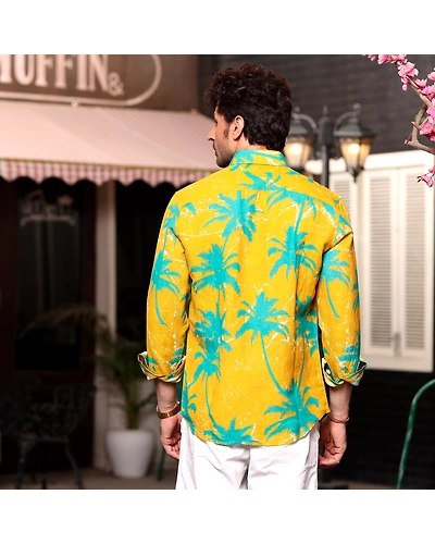 Coconut Tree Cyber Yellow Casual Pure Linen Full Shirt-S-2