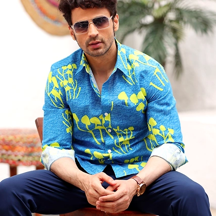Mushroom Bunch Ocean Blue Casual Pure Linen Full Shirt-BE1052-S
