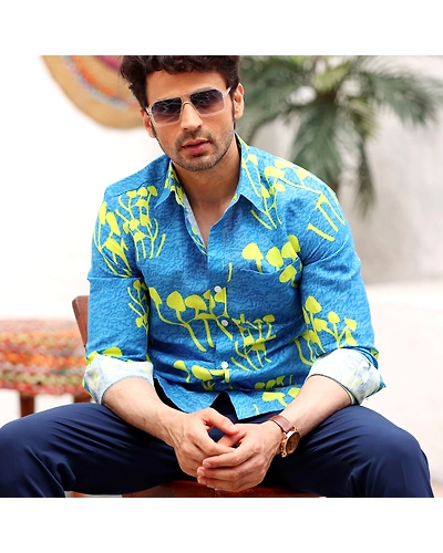 Mushroom Bunch Ocean Blue Casual Pure Linen Full Shirt-BE1052-S
