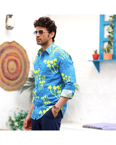 Mushroom Bunch Ocean Blue Casual Pure Linen Full Shirt-S-1