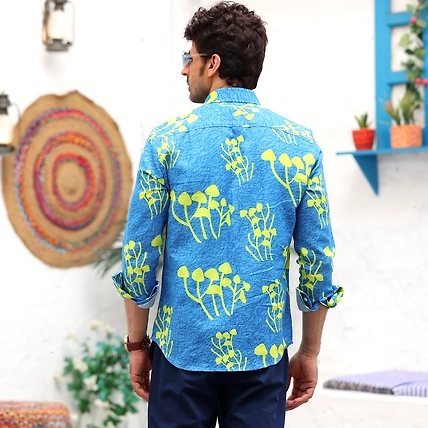 Mushroom Bunch Ocean Blue Casual Pure Linen Full Shirt-S-2