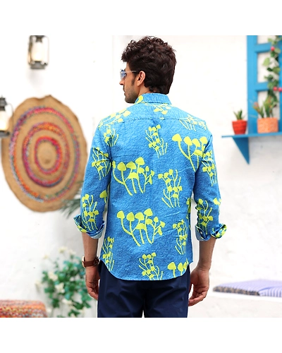 Mushroom Bunch Ocean Blue Casual Pure Linen Full Shirt-S-2