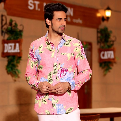 Hibiscus Flower Salmon Pink Casual Full Shirt-BE1026-S