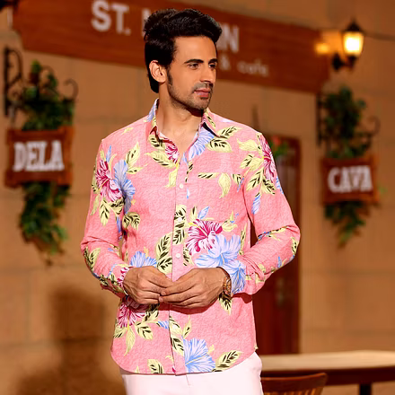 Hibiscus Flower Salmon Pink Casual Full Shirt-BE1026-S