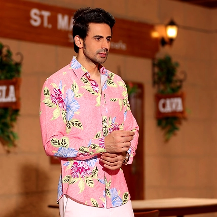 Hibiscus Flower Salmon Pink Casual Full Shirt-S-1