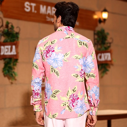 Hibiscus Flower Salmon Pink Casual Full Shirt-S-2