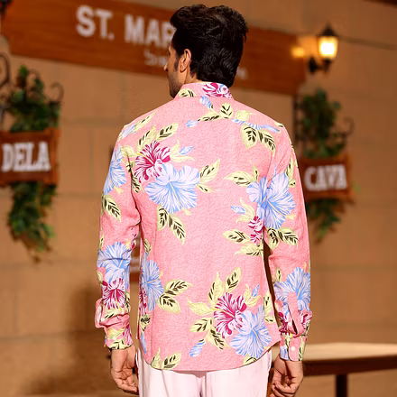 Hibiscus Flower Salmon Pink Casual Full Shirt-S-2