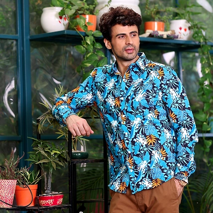Philodendron Selloum Plant Blue Casual Pure Linen Full Shirt-BE1059-S