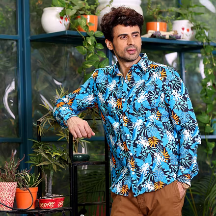 Philodendron Selloum Plant Blue Casual Pure Linen Full Shirt-BE1059-S