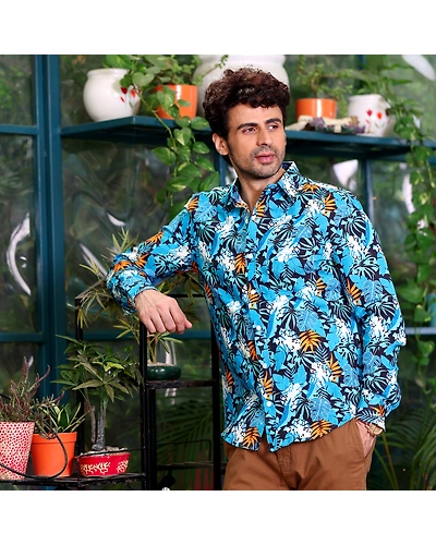 Philodendron Selloum Plant Blue Casual Pure Linen Full Shirt-BE1059-S