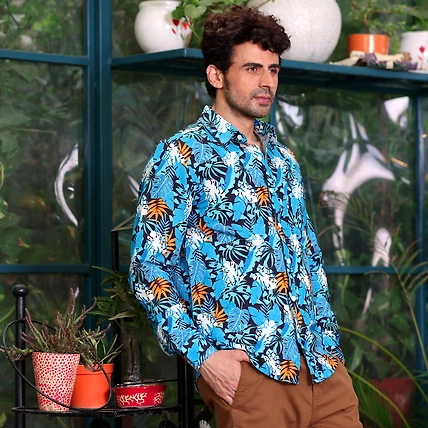 Philodendron Selloum Plant Blue Casual Pure Linen Full Shirt-S-1