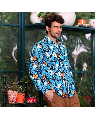 Philodendron Selloum Plant Blue Casual Pure Linen Full Shirt-S-1