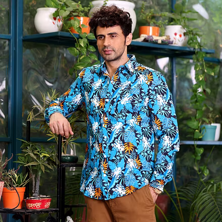 Philodendron Selloum Plant Blue Casual Pure Linen Full Shirt-S-2