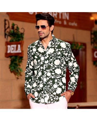 French Marigold Army Green Casual Pure Linen Full Shirt-BE1017-S