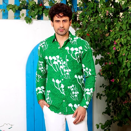 Mushroom Bunch Cool Green Casual Pure Linen Full Shirt-BE1049-S