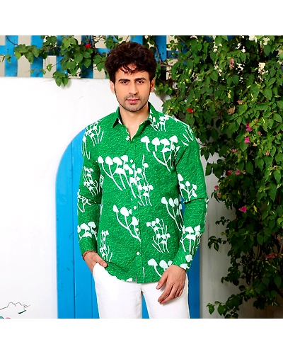 Mushroom Bunch Cool Green Casual Pure Linen Full Shirt-BE1049-S