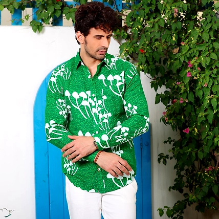 Mushroom Bunch Cool Green Casual Pure Linen Full Shirt-S-1