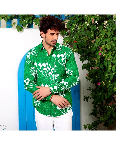 Mushroom Bunch Cool Green Casual Pure Linen Full Shirt-S-1
