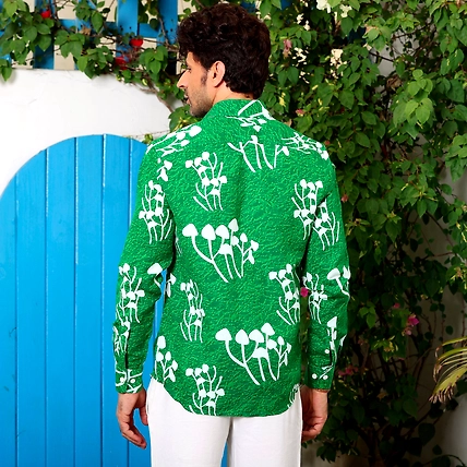 Mushroom Bunch Cool Green Casual Pure Linen Full Shirt-S-2