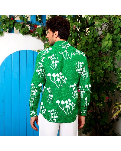 Mushroom Bunch Cool Green Casual Pure Linen Full Shirt-S-2