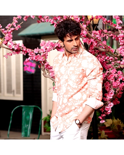 French Marigold Peach Casual Pure Linen Full Shirt-S-1