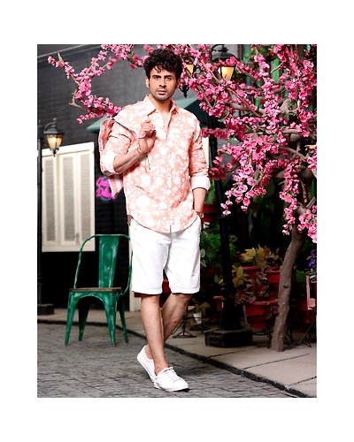 French Marigold Peach Casual Pure Linen Full Shirt-S-2