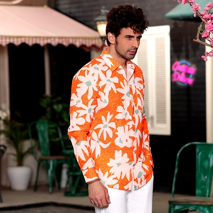 Lily Flower Orange Casual Pure Linen Full Shirt-BE1043-S