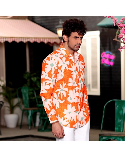 Lily Flower Orange Casual Pure Linen Full Shirt-BE1043-S