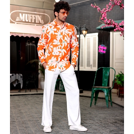 Lily Flower Orange Casual Pure Linen Full Shirt-S-1