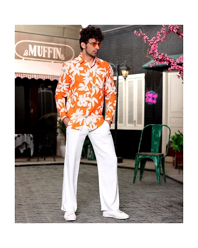 Lily Flower Orange Casual Pure Linen Full Shirt-S-1
