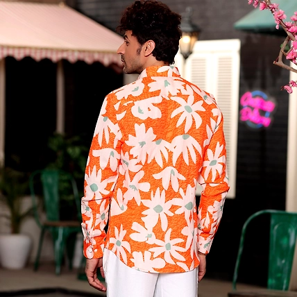 Lily Flower Orange Casual Pure Linen Full Shirt-S-2