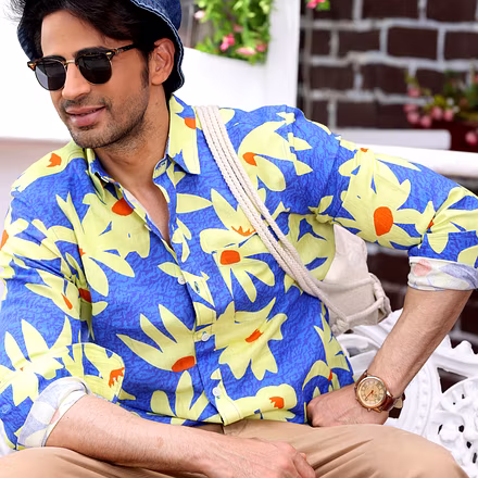 Lily Flower Dodger Blue Casual Pure Linen Full Shirt-BE1041-S