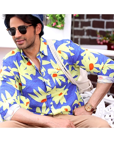 Lily Flower Dodger Blue Casual Pure Linen Full Shirt-BE1041-S