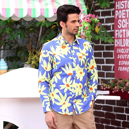 Lily Flower Dodger Blue Casual Pure Linen Full Shirt-S-2