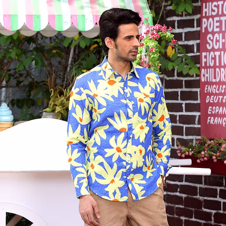Lily Flower Dodger Blue Casual Pure Linen Full Shirt-S-2
